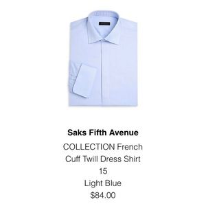 French Cuff Dress Shirt Saks Fifth Ave size 15, regular- Pale blue color